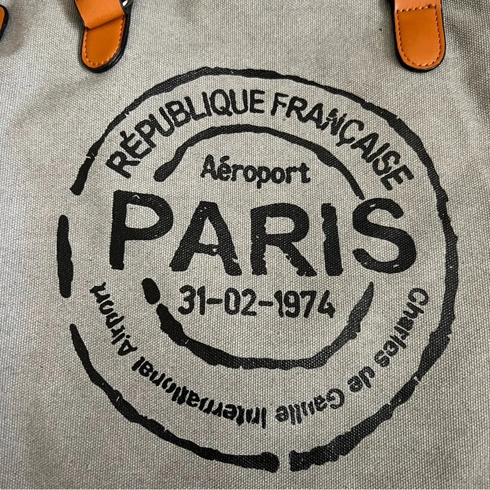 Paris Graphic Canvas Crossbody Tote Bag Gray Cognac Travel Messenger Purse
